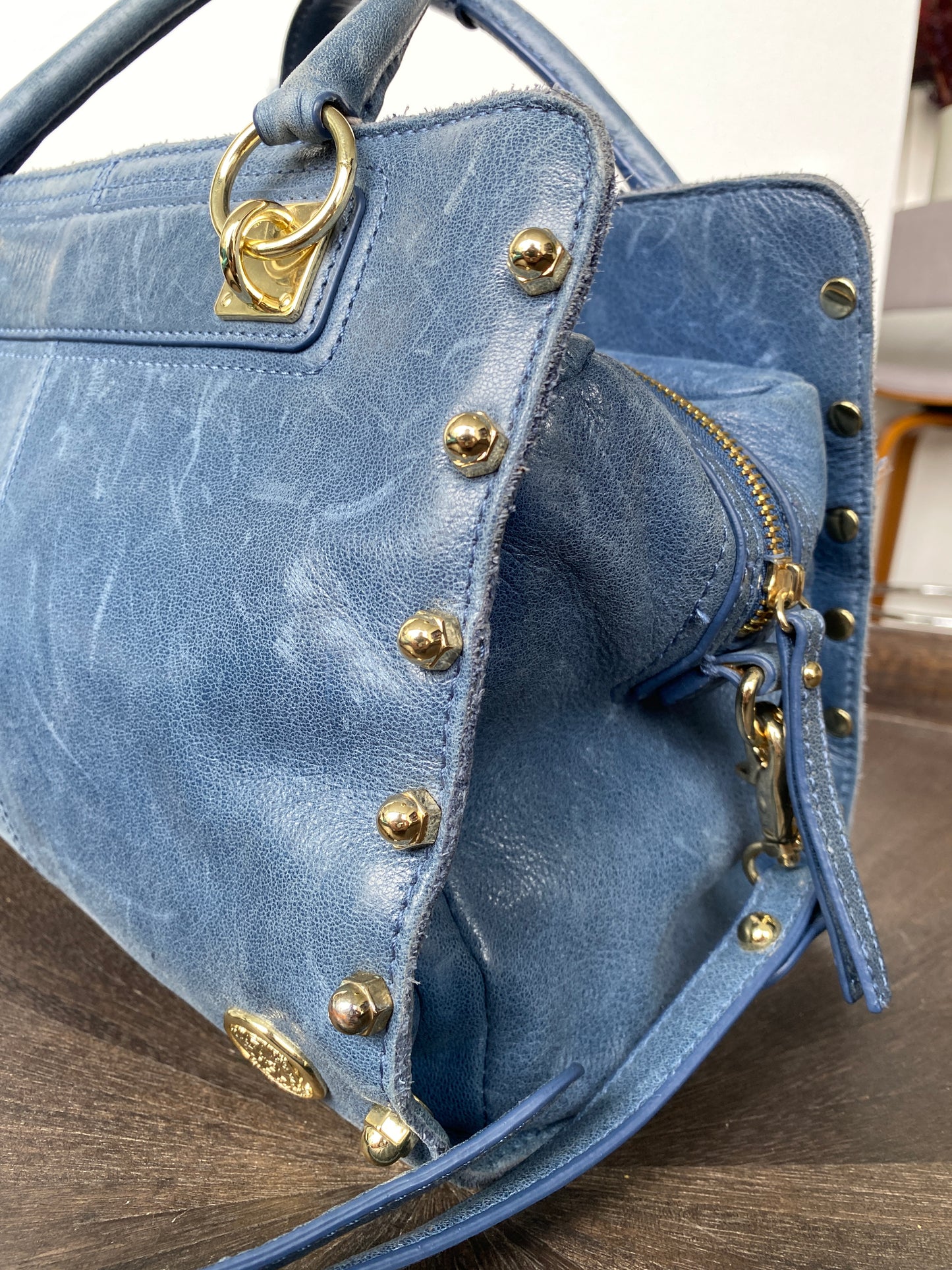 Vince Camuto Blue Leather Shoulder/Handbag with Gold Bolts