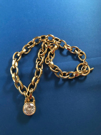 Michael Kors Gold Tone Linked Chain Necklace With Crystal Pendant